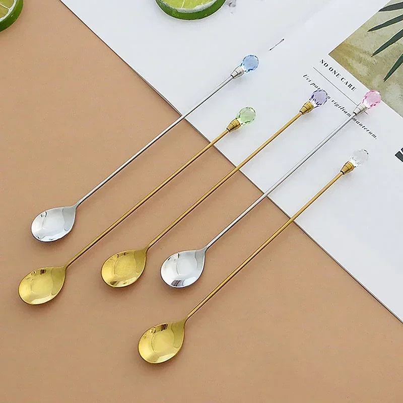 Crystal Spoon Set Long Handle Teaspoon 430 Stainless Steel Diamond Ice Spoon Perfect for Dessert Ice Cream Coffee Cocktail커피