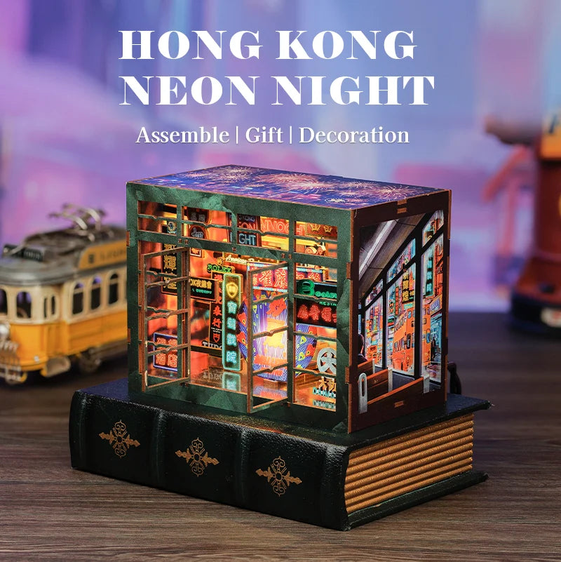 CUTEBEE 3D Wooden Bookend DIY Dollhouse Kit Bookshelf Insert with Led Light Hong Kong Night for Birthday Party Gift