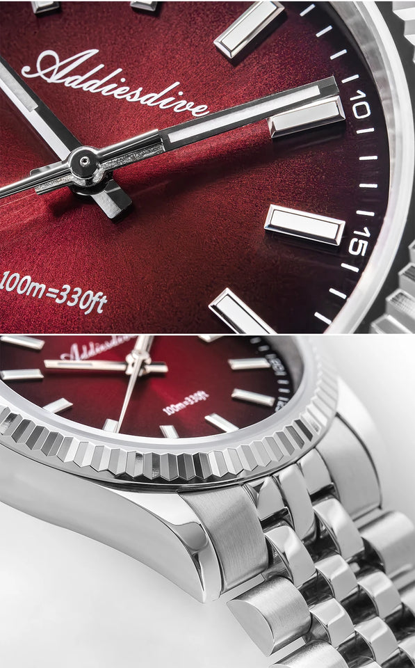 ADDIESDIVE AD2073 Men's Business Watch Sapphire Glass Stainless Steel Quartz Wristwatches Gradient Red Dial Watches Reloj Hombre