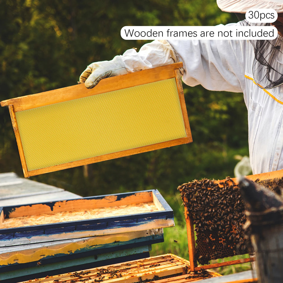 30-Pack Natural Beeswax Hive Foundations Beekeeper's Starter Kit 7.68x16.34" Beekeeping Sheets for Increased Honey Production