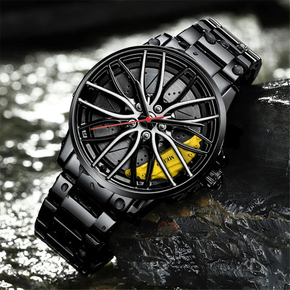 New Top Men Stainless Steel Watches Mens Car Wheel Hub Leather Quartz Watch For Male Military Sport Watch Relogio Masculino Hot