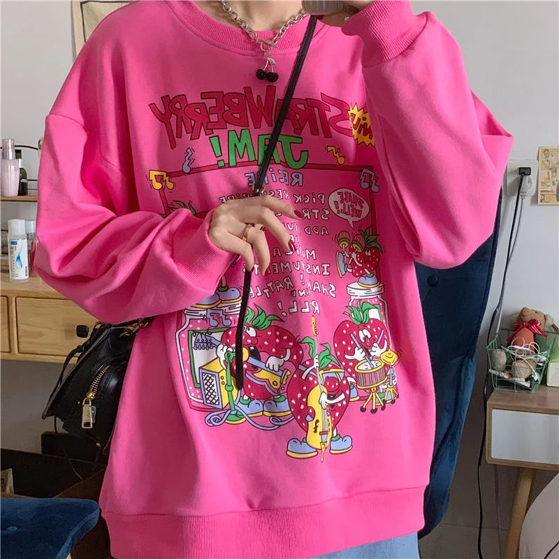 Harajuku Retro Top Strawberry Print Sweatshirt  Women Loose Streetwear Sweatshirts American  Oversized Pullovers