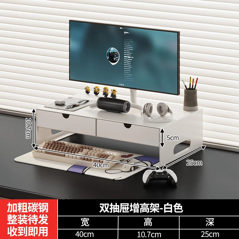 Carbon Steel Monitor Stand with Drawer Desktop Riser Shelf for Computer Office Desk Organizer Ergonomic Workspace Solution
