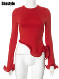 Shestyle Red Asymmetrical Ruffles T-Shirts Women Iron Shape Crew Neck Autumn Glowing Flare Sleeve Crop Tops New Arrivals Tees