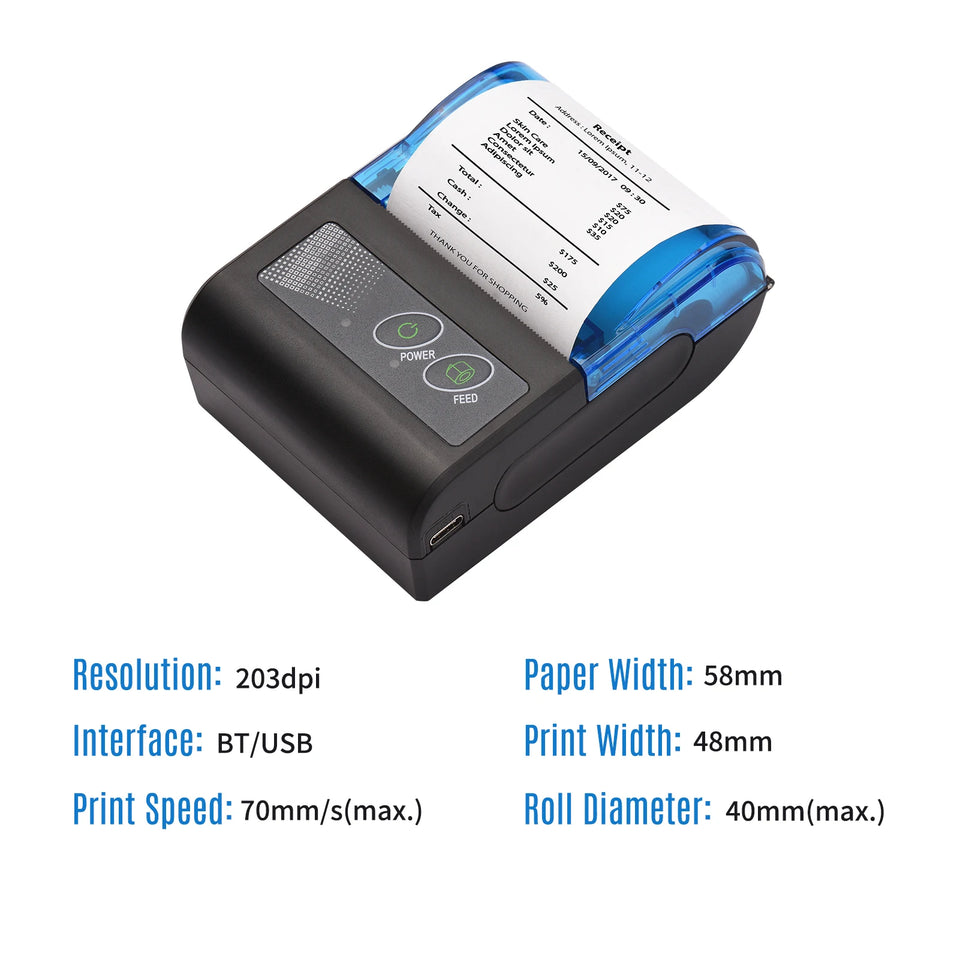 Bisofice Portable Mini Thermal Printer 2 Inch Wireless USB Receipt Bill Ticket Printer with 58mm Print Paper  for Restaurant