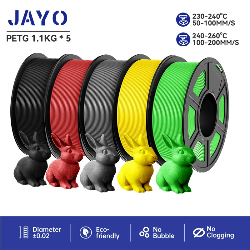 JAYO filaments petg 5Rolls Mixed colors 3D Printer Filament 1.75mm 100% No Bubble FDM 3D Printer Materials DIY Gift 1.1KG/1rolls