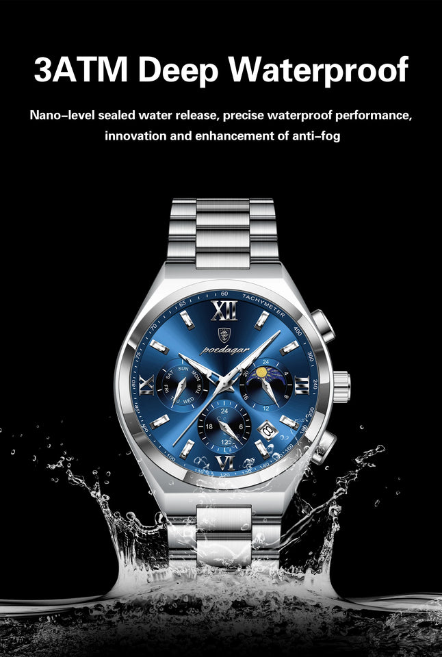 POEDAGAR Fashion Functional Man Wristwatch Luminous Week Date Business Watch For Men Stainless Steel Sports Men's Quartz Watches