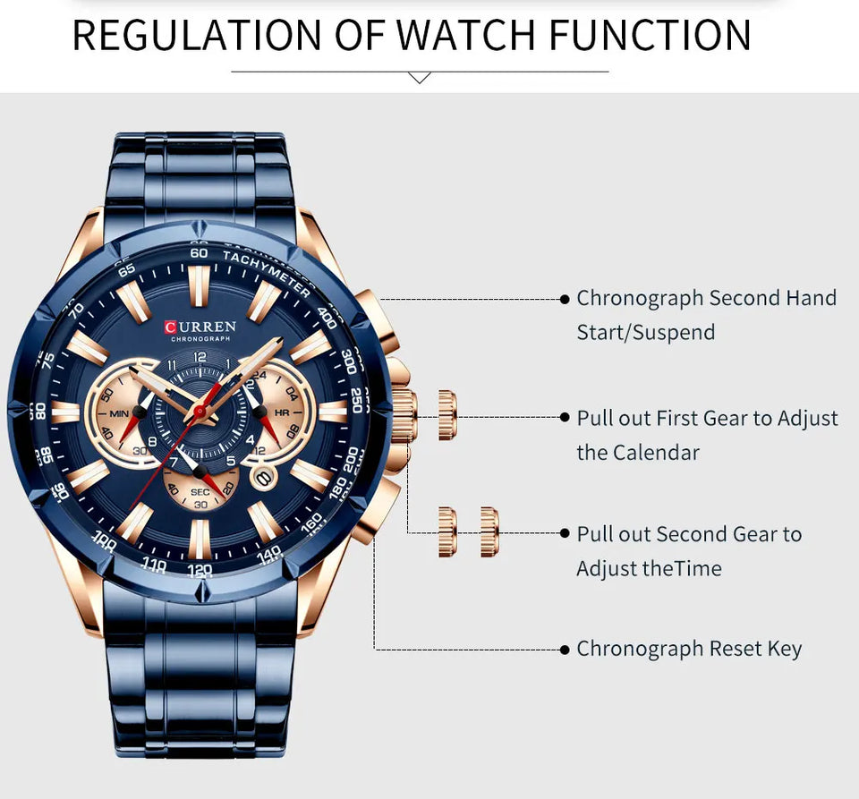 CURREN 8363 Casual Sport Chronograph Men's Watches Stainless Steel Band Wristwatch Big Dial Quartz Clock with Luminous Pointers