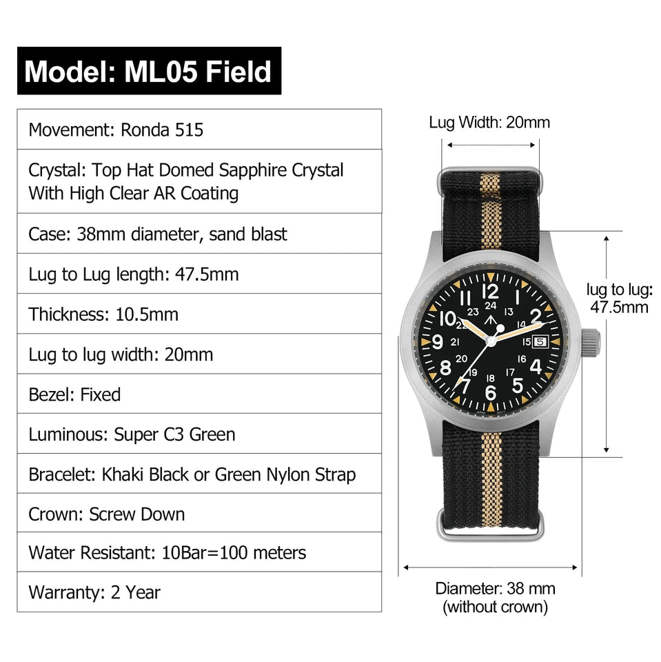 Militado ML05 Men's Watch Ronda 515 Quartz Movement Watch Dome Sapphire High Transparency AR Coating Night Light Watches Retro