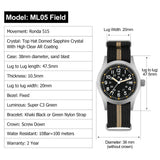 Militado ML05 Men's Watch Ronda 515 Quartz Movement Watch Dome Sapphire High Transparency AR Coating Night Light Watches Retro