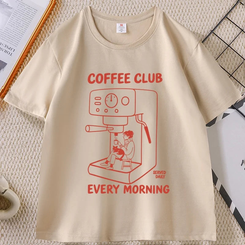 Coffee Club Every Morning Graphic T Shirt Espresso Machine Cozy Coffee Lover Tee Shirt Casual Cotton Short Sleeve Streetwear
