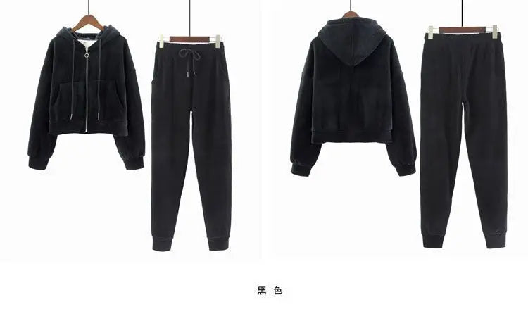 Thickened Gold Velvet Long Sleeved Hooded Sweatshirt with Lace Up Leg Ties Two Elegant Women's Pants Set Tracksuits