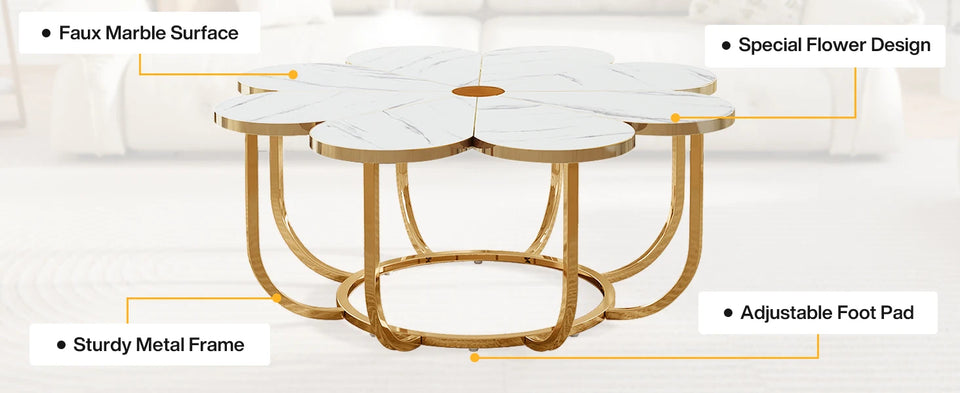 Tribesigns Faux Marble Coffee Table, White and Gold Flower-Shaped Accent Table for Living Room