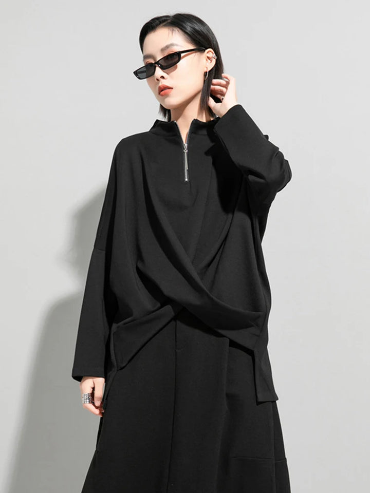 [EAM] Black Irregular Knot Sweatshirt New Stand Collar Long Sleeve Women Big Size Fashion Tide Spring Autumn 2026 1DJ1848