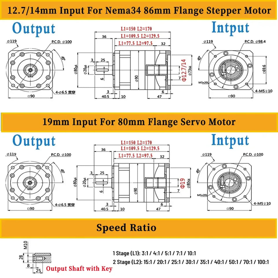 High Precision Planetary Reducer 6.35/8/11/14mm input Ratio 5:1 10:1 for Nema 23 57mm Nema34 86 Stepper 60mm Servo Motor Gearbox
