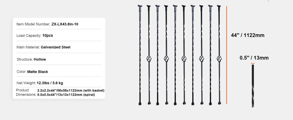 SucceBuy Staircase Metal Balusters Galvanized Decorative Banister Spindles with Hollow Baskets Spiral Stair with Shoes Screws