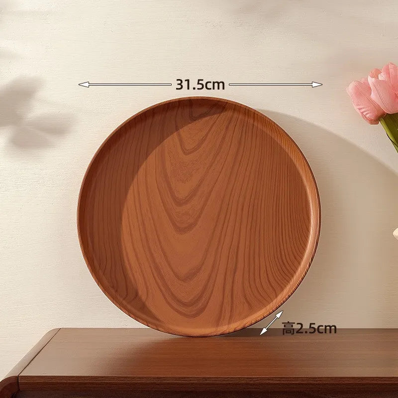 Walnut Wood-Grain Round Serving Tray-Multi-Purpose Plate for Coffee, Bread, Pastries & Tea Set Storage, Ideal for Tea Ceremonies