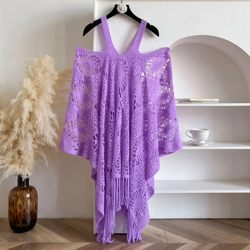 New Spring and Summer Fashion Women's Fringed Knitted Shawl Women Hollow out Solid Color Capes Knitted Pullover