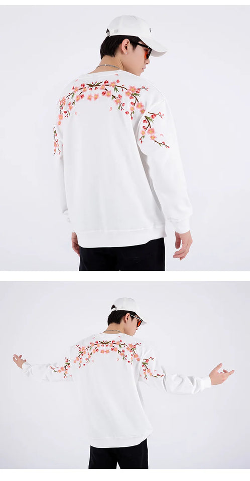 Floral Embroidery Unisex Pullovers Sweatshirt For Men Loose Fit Autumn Quality Cotton Fashion Casual Oversized Luxury Pull Homme