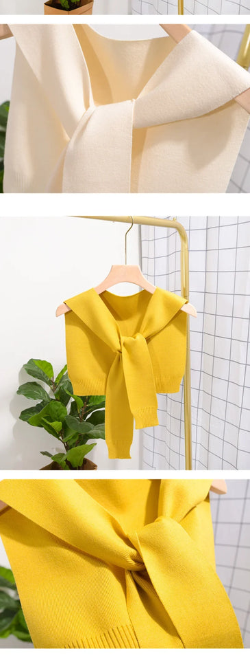 Korean Woman's Winter Wool Blouse Shoulders Cape Knotted Scarf Neck Guard Fake Collar Scarve Cashmere Warm Knitted Shawl Q36