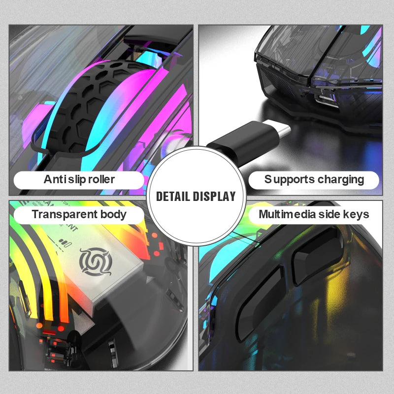 Aesthetic Clear Wireless Mouse for Women RGB Glow Tri-Mode Bluetooth Rechargeable Gaming Mouse for Laptop PC Office