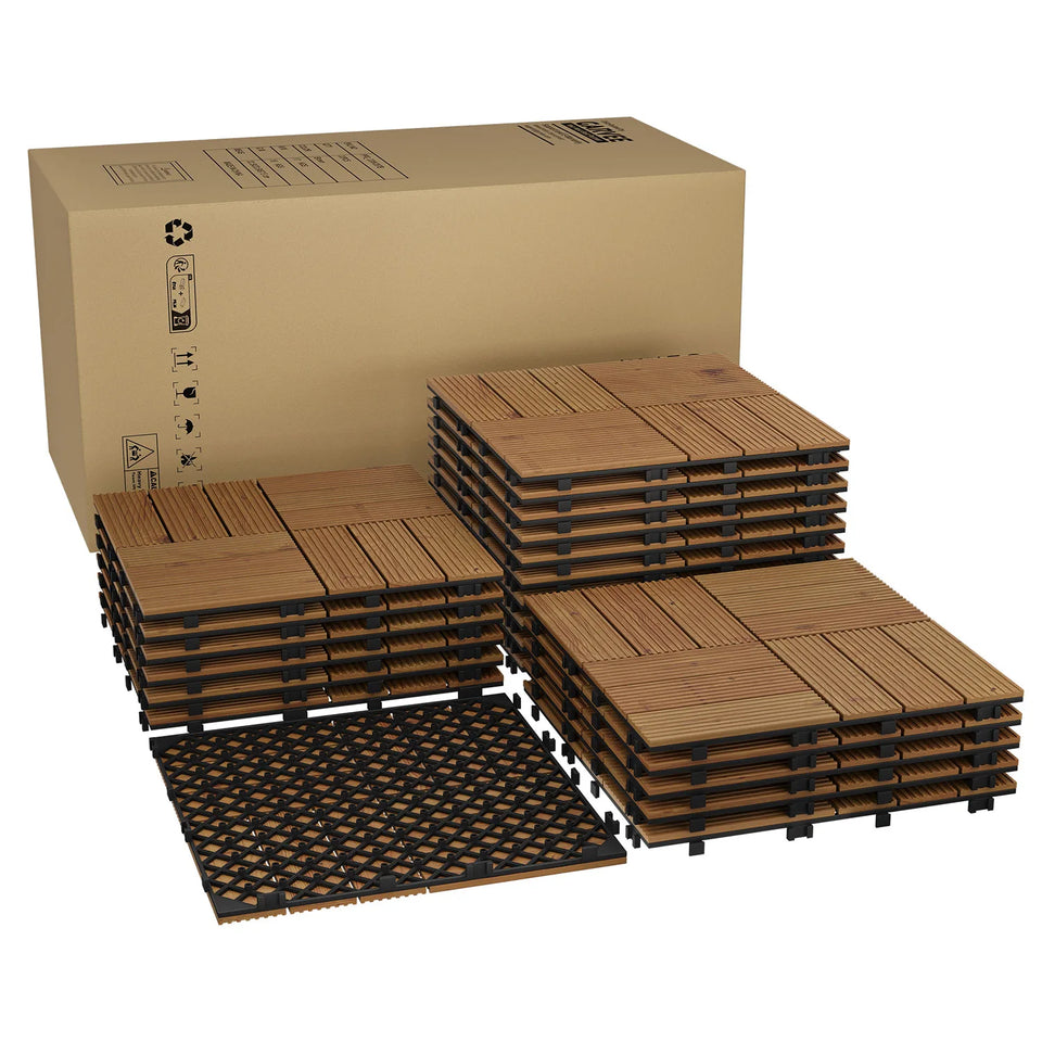 Acacia Wood Connected Deck Tiles for Patio & Outdoor Decor, 12"x12" Firm Weatherproof Non-Slip Wooden Flooring, 22/33 Panels