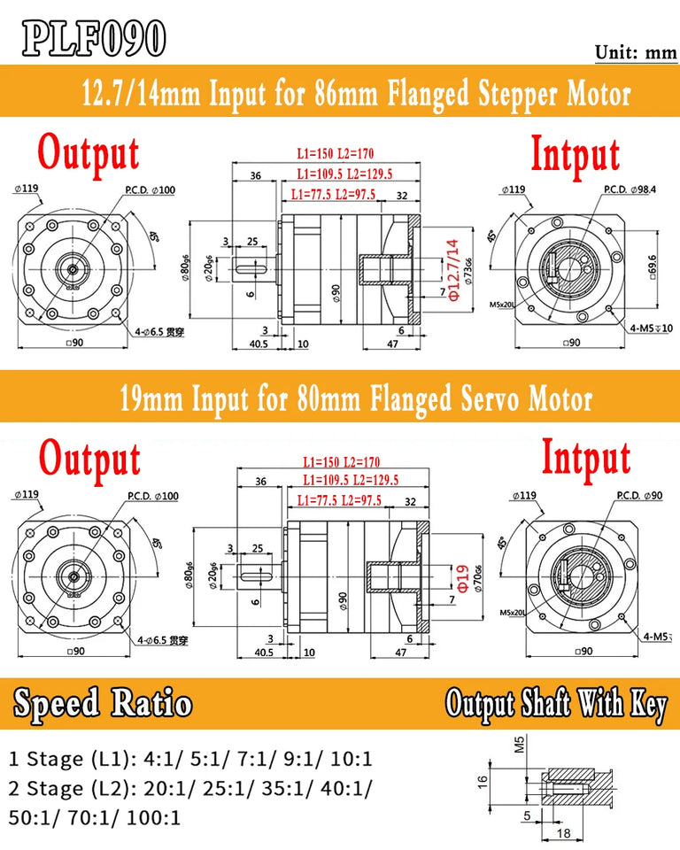 High Precision Planetary Reducer 6.35/8/11/14mm input Ratio 5:1 10:1 for Nema 23 57mm Nema34 86 Stepper 60mm Servo Motor Gearbox