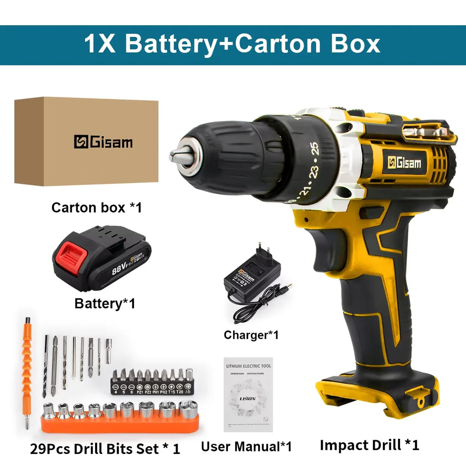 Gisam Cordless Drill Rechargeable Electric Screwdriver Electric Drill Mini Wireless Hand Drill Lithium-Ion Battery Power Tools