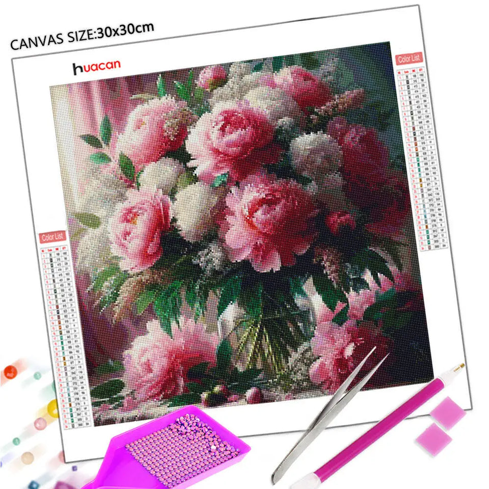 Huacan Peony Flower Diamond Painting New Arrivals 2025 Full Square Round Diamond Mosaic Wall Decor Rhinestone Pictures