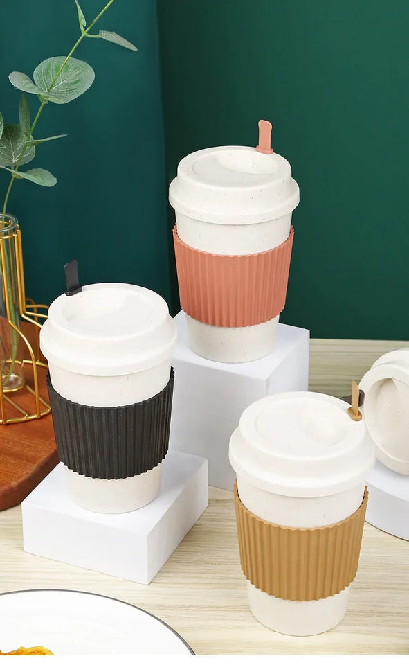 450ML Coffee Cups With Lids Wheat Straw Reusable Portable Coffee Cup Dishwasher Safe Coffee Mug Coffee Tea Travel Cups