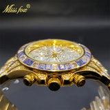 MISSFOX Men Watches 2021 Luxury Large Case With Baguette Full Diamond Quartz Wristwatch Chronograph Calendar Watch Droshipping