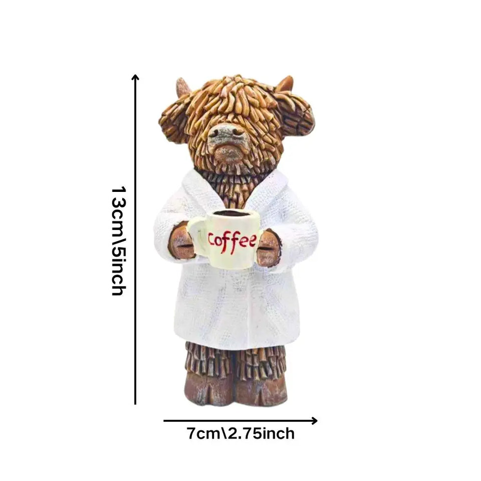 1 Piece of Creative Highland Cow Drinking Coffee Statue Decoration, Scottish Cow Drinking Coffee Ornament, Suitable for Living Room, Office, Bathroom Decoration, Holiday Gift, Best Gift for Best Friend