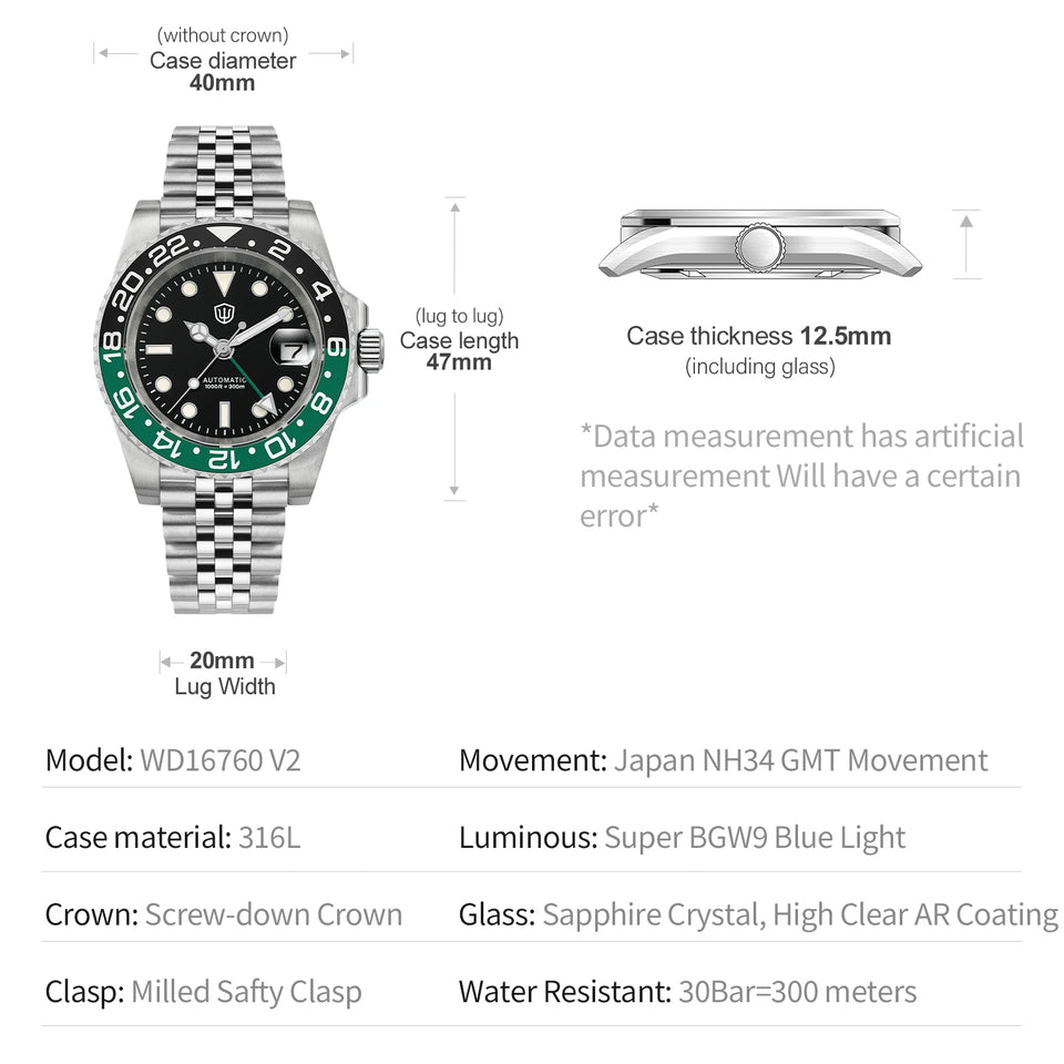 Watchdives WD16760 V2 GMT Watch NH34 Automatic Movement Sapphire Luminous Watches Stainless Steel 300m Waterproof Wristwatch
