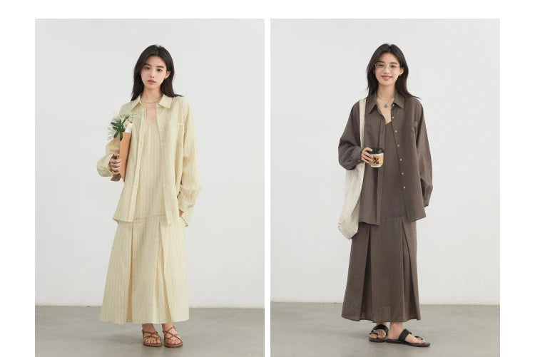 CHIC VEN Women Dress Sets Stripe Shirt Loose Casual Long Sleeve Sunscreen Blouses Camisole V-neck Dresses Spring Autumn 2025
