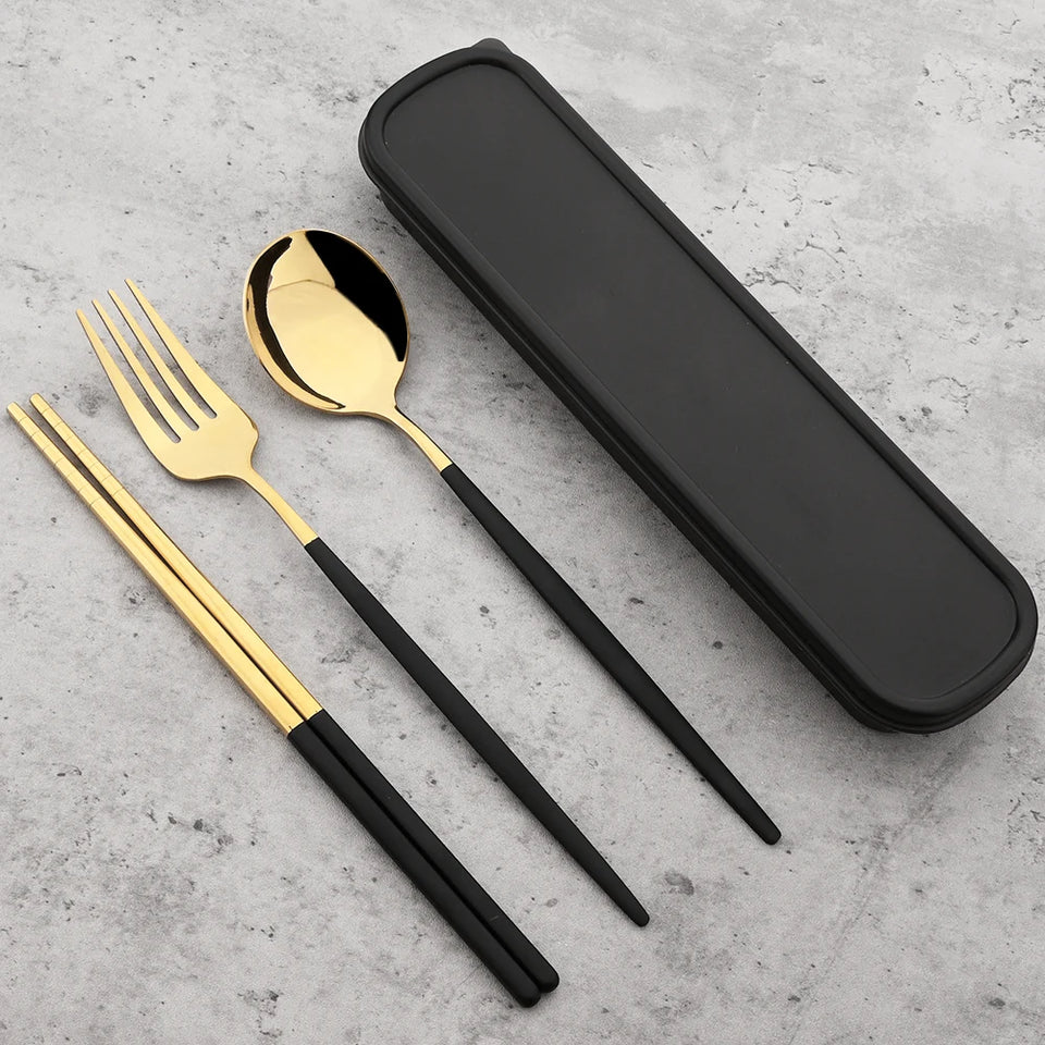 4pcs Stainless Steel Cutlery Set With Storage Box Black Gold Portable Cutlery Set For Home Kitchen Dining Household Tableware