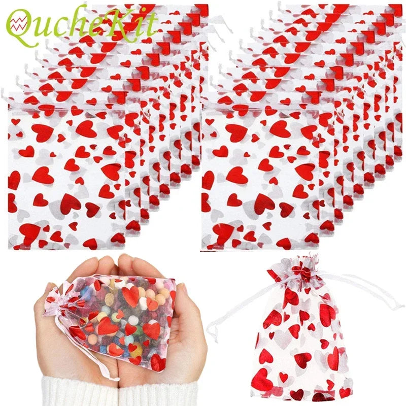 100Pcs Valentine's Day Organza Bag Love Heart Drawstring Jewelry Candy Gift Bag Pounch Cosmetic Packaging Bags Wedding Party