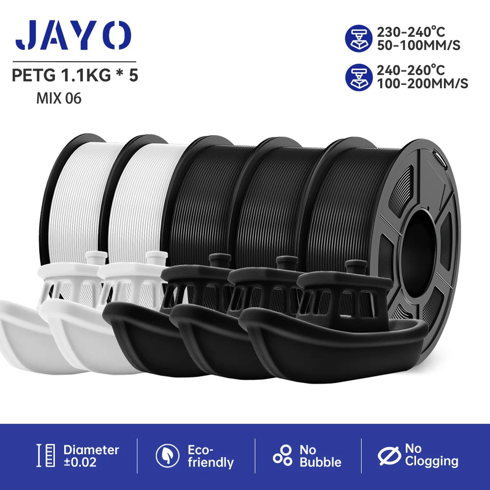 JAYO filaments petg 5Rolls Mixed colors 3D Printer Filament 1.75mm 100% No Bubble FDM 3D Printer Materials DIY Gift 1.1KG/1rolls