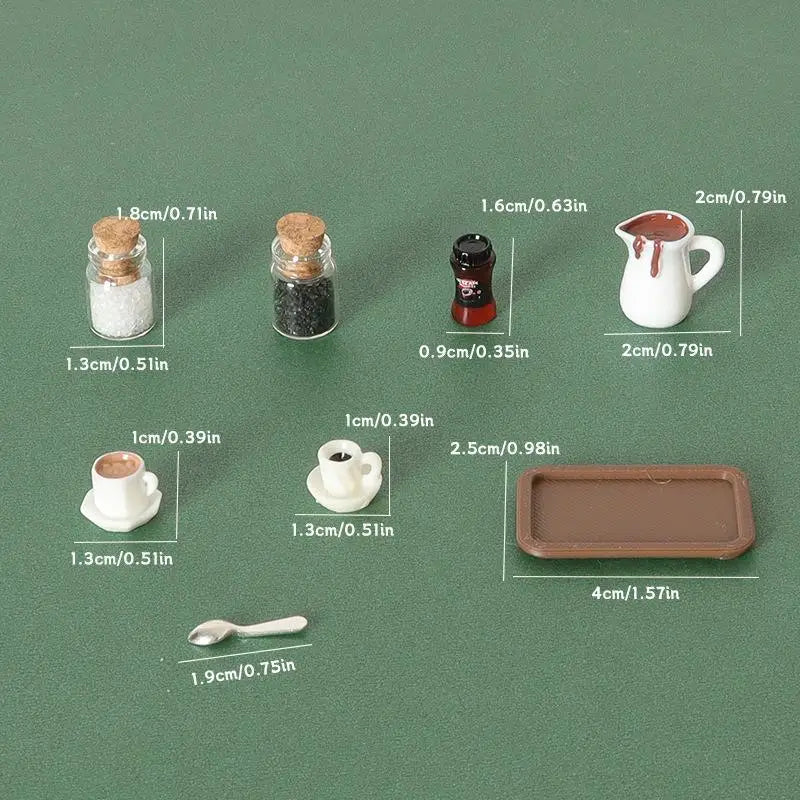 Handcrafted 7Pcs Miniature Dollhouse Coffee Cup Scene Model with Tray Plate, Perfect for Desktop Decoration