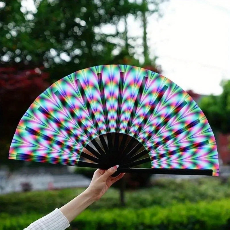 Folding Fan Bright Color Rainbow Starry Sky Color Glow In The Dark Festival Performance Party Supplies Hand Fan Xmas Dance Fan