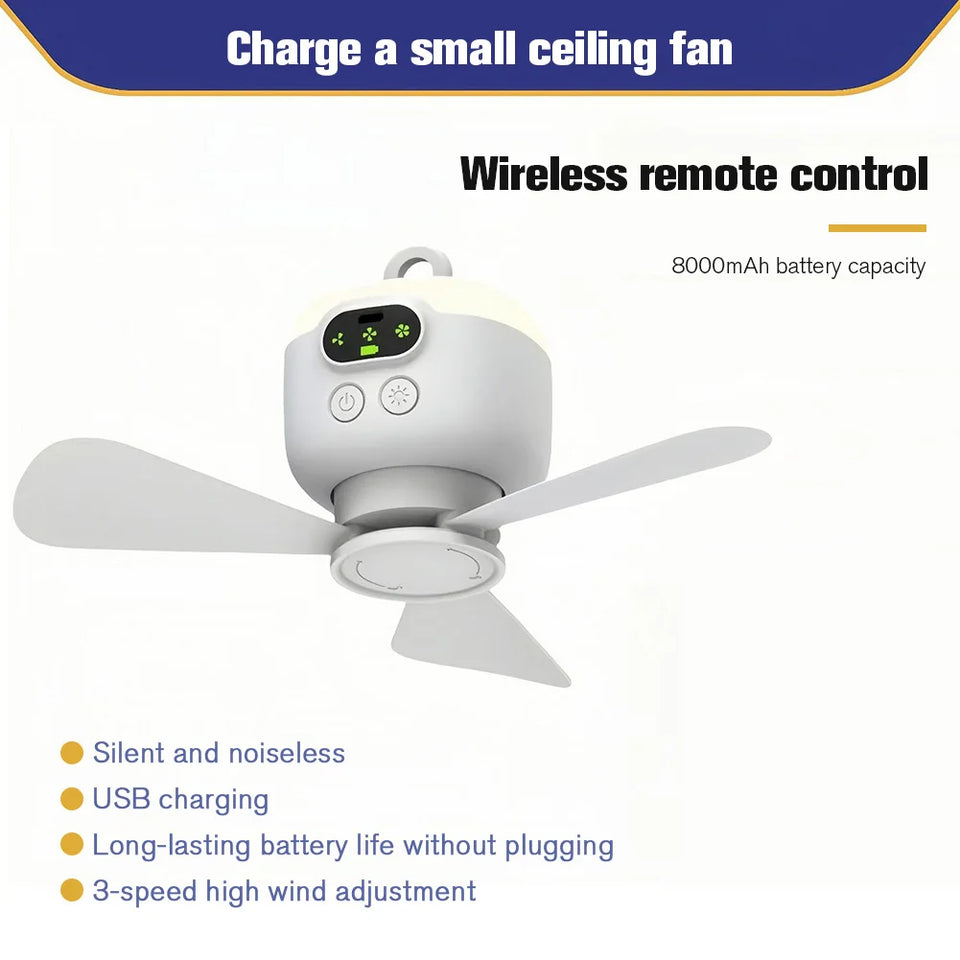 Portable Wireless Ceiling Fan Light Rechargeable Camping Fan with Remote Control Tent Fan for Outdoor Camping Dorm