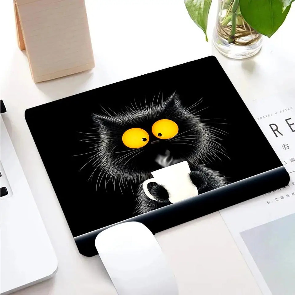 Kawaii Coffee Cat Mouse Pad Black Square Gaming Accessory Rubber Deskmats HD Non-Slip Computer Keyboard Mat New Laptop Mousepad