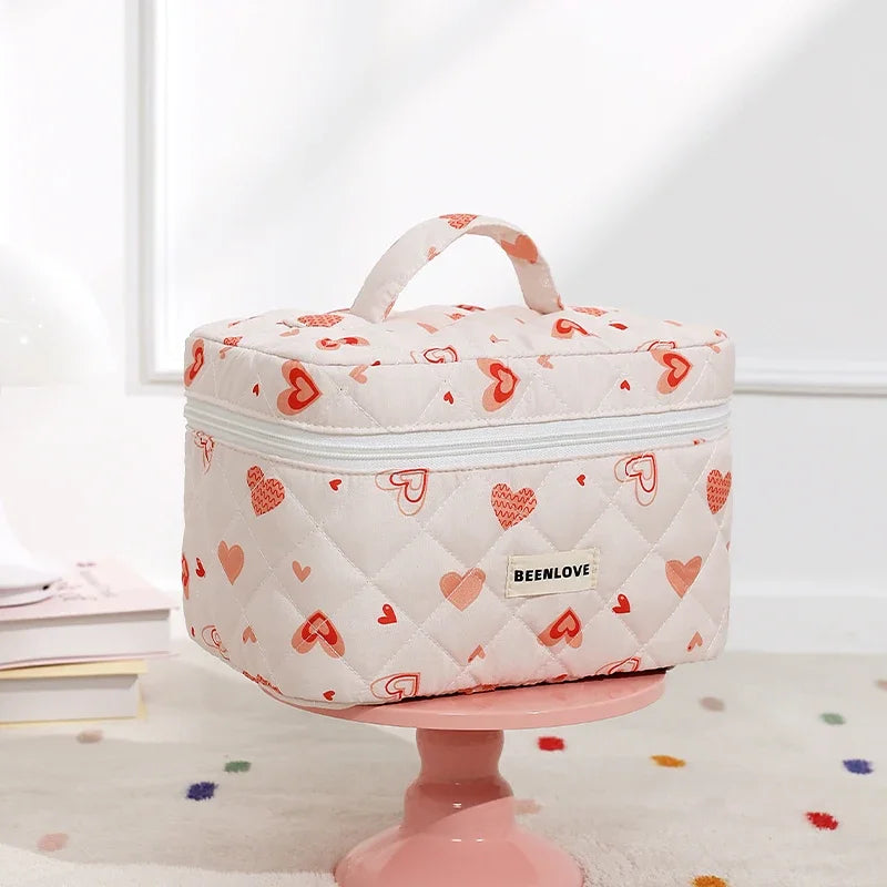 Storage Organizer Cherry Printing Makeup Bag Quilted Cosmetic Pouch Large Travel Cosmetic Bag Cute Cotton Makeup Pouch