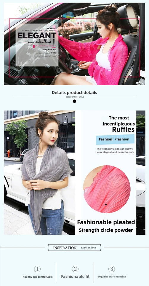 Summer Multi-functional Sunscreen Shawl Women's Long-sleeved Loose Light Breathable Anti-UV Pleated Chiffon Scarf Driving Sleeve