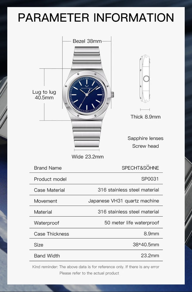 New Arrivals 2025 Specht & Söhne Luxury Watch 38MM Men's Quartz Super Slim Stainless Steel Sapphire Crystal 50M Water Resistant