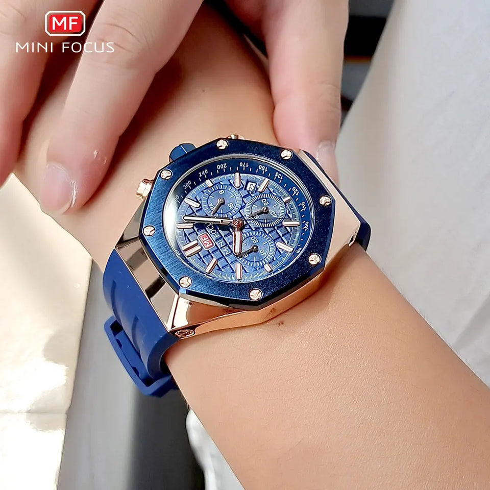 MINI FOCUS Watches Men Blue Silicone Strap Sport Watch Waterproof Luminous Chronograph Quartz Wristwatch часы мужские reloj 0417