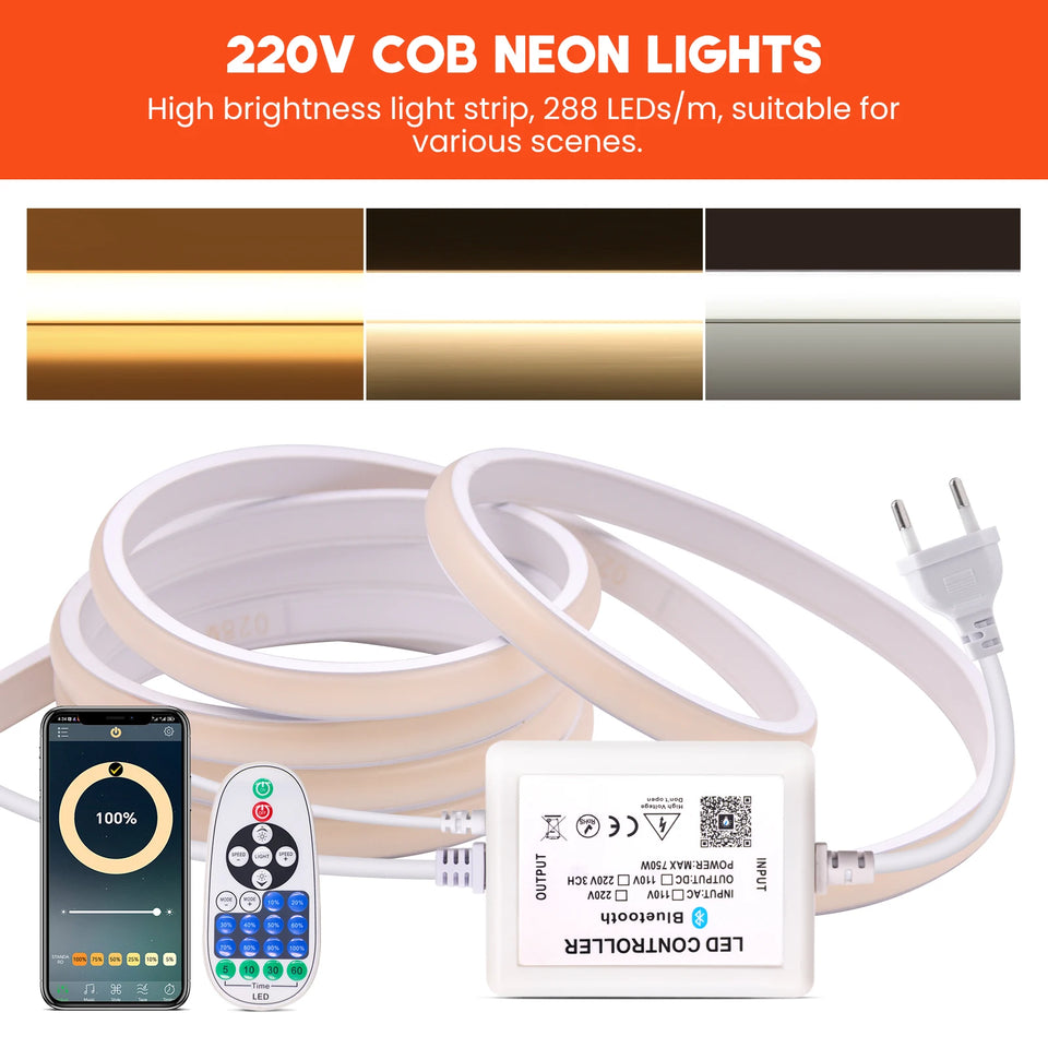 Dimmable COB LED Strip Light 220V Ra90 Waterproof 288LEDs/m Smart LED Neon Strips Flexible Ribbon Remote/Bluetooth/Wifi Control