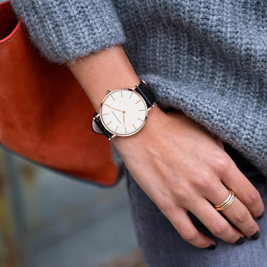 1 Set Women Leather Watches Minimalist Style 6.9mm Ultra Thin Dial Black Gift Box Adjuster Spare Strap Women's Dress Wristwatch
