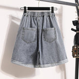 Plus Size Shorts For Women 2024 Summer New Arrivals High Elastic Waist Crimping Wide Leg Loose Streetwear Blue Jeans Shorts