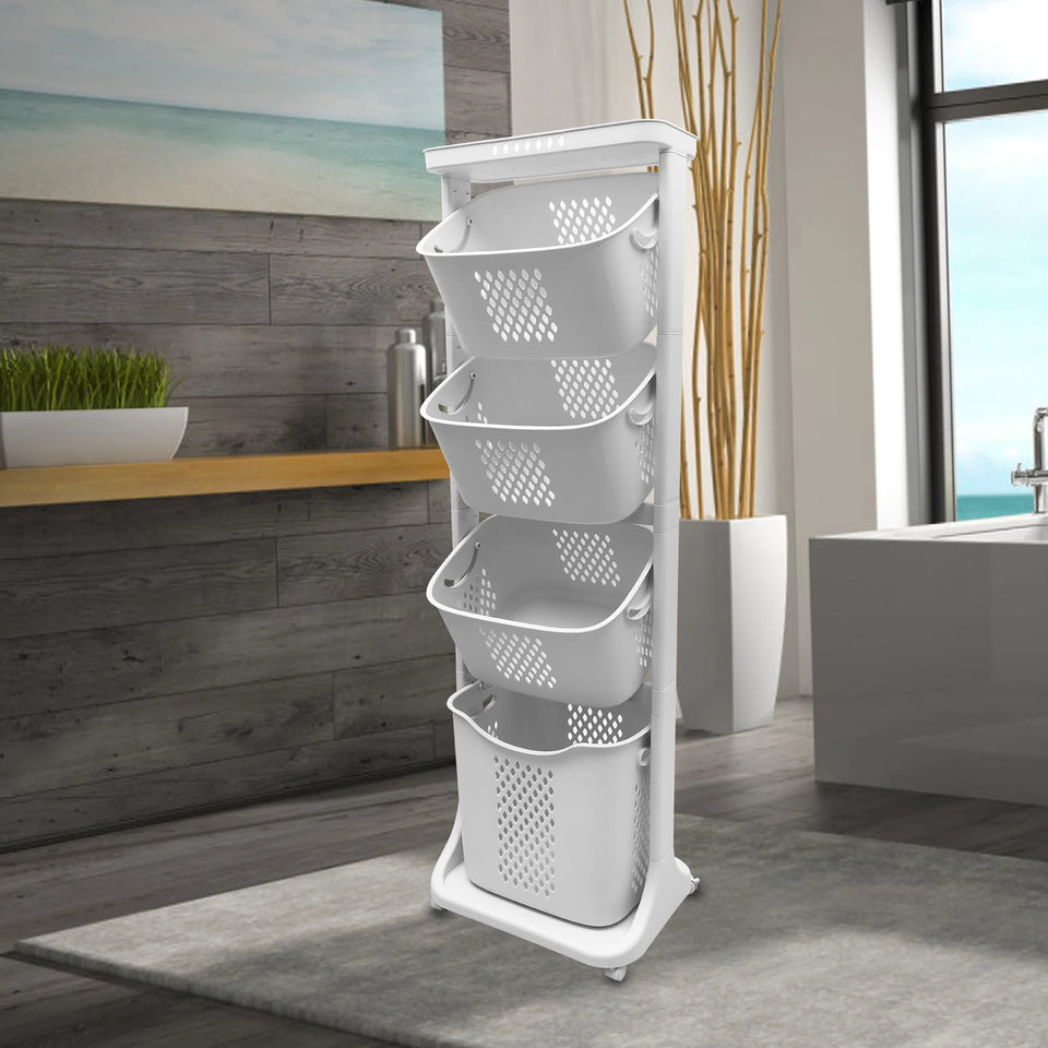 2/4 Tier Laundry Basket Cart Removable Storage Buckets Plastic Hamper with 4 Wheels White