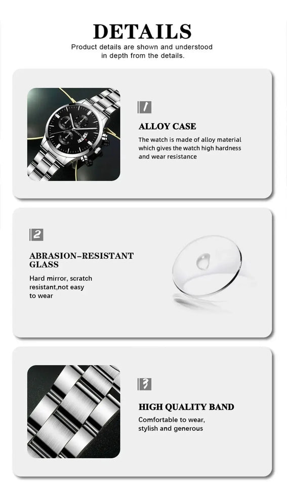 Fashion Mens Watches Luxury Silver Stainless Steel Quartz Wrist Watch Man Business Watch for Men Calendar Clock Reloj Hombre